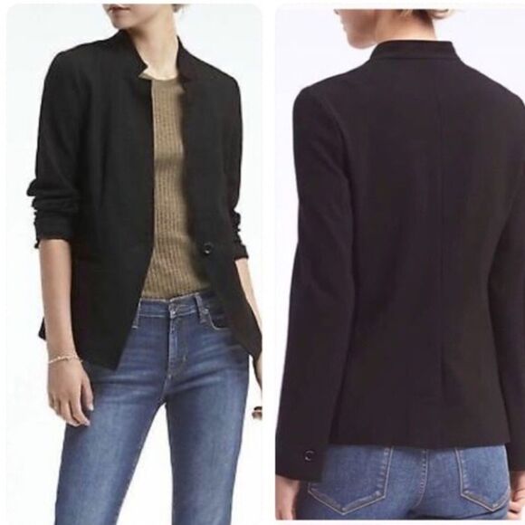 𝅺BANANA REPUBLIC Unstructured Stretch Pointe Blazer Black 4 - Picture 3 of 8